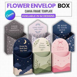 Puede incluir: Una colección de seis cajas tipo sobre para flores con plantillas de marco Canva. Las cajas muestran varios diseños, incluyendo patrones florales, cielos nocturnos con lunas y estrellas, y motivos de paisajes, junto con textos inspiradores como Think Happy Thoughts.