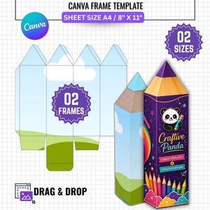 Könnte beinhalten: Eine Bleistiftbox-Vorlage mit dem Text "PENCIL BOX EDITABLE" und "CANVA FRAME TEMPLATE". Das Design beinhaltet eine stiftförmige Box mit einer Panda-Illustration und dem Text "Craftive Panda". Blattgröße A4 / 21 cm x 29,7 cm.
