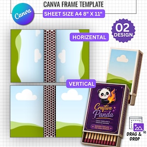 May include: A digital template for matchbox labels, featuring a Canva frame template with a sheet size of 8" x 11". The design includes horizontal and vertical layouts, with a Craftive Panda matchbox design. The template is 100% editable in Canva.