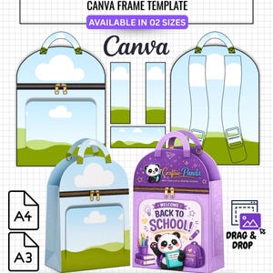 Puede incluir: Una plantilla digital para una caja de regalo de mochila, con un diseño azul y morado. La imagen incluye el texto "BOOK BAG GIFT BOX" y "CANVA FRAME TEMPLATE". El diseño está disponible en dos tamaños y es 100% editable en Canva.
