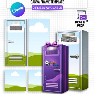 Puede incluir: Diseño digital para una caja de regalo de taquilla escolar, con una taquilla morada con un lazo y otros diseños de taquillas. El texto incluye "SCHOOL LOCKER GIFT BOX" y "CANVA FRAME TEMPLATE".