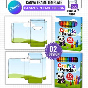 Op de afbeelding: Digitaal ontwerp voor een sjabloon voor een kleurpotloodoos met de tekst "Crayon Box Editable" en "Canva Frame Template". Het ontwerp bevat een box-layout, een doos met 6 kleurpotloden en een doos met 12 kleurpotloden. De dozen hebben een panda beer graphic.