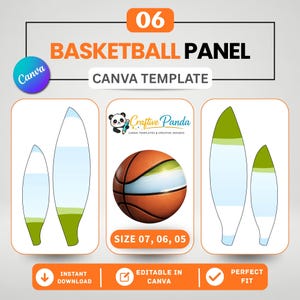 以下が含まれることがあります： バスケットボールパネルのデジタルデザイン。バスケットボールと2組の抽象的な形状が特徴です。「BASKETBALL PANEL CANVA TEMPLATE」と「SIZE 07, 06, 05」のテキストが含まれています。デザインはCanvaで編集可能で、すぐにダウンロードできます。