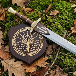 Op de afbeelding: Een decoratieve zwaard- en schildset. Het zwaard heeft een zilveren lemmet, een bruin met leer omwikkelde handgreep en een goudkleurige pareerstang. Het schild is donkerbruin met een gouden drietandontwerp. De set wordt gepresenteerd op groen mos en gevallen bladeren.