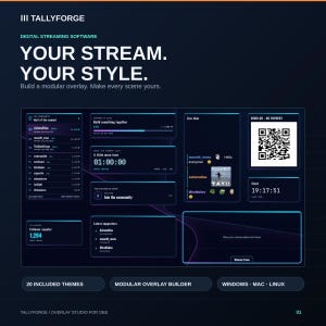 Puede incluir: Interfaz del software de streaming Tallyforge con un constructor de superposiciones modular, paneles azul oscuro, ventana de chat en vivo, contador de seguidores, rastreador de objetivos, temporizador, código QR y marco de cámara web.