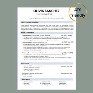 May include: A professional CV template featuring "OLIVIA SANCHEZ" at the top. The CV includes sections for professional summary, work experience, education, and key skills. The document is mainly white with black text and a light green background.