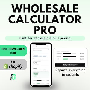 Puede incluir: Gráfico promocional para "WHOLESALE CALCULATOR PRO" con el texto "Increase AOV Instantly". La imagen incluye un teléfono inteligente que muestra datos financieros, un logotipo de Shopify y la frase "Reports everything in seconds."