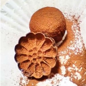May include: Close-up of two chocolate desserts dusted with cocoa powder. One is a round truffle, the other a flower-shaped cookie. The desserts are on a white surface with cocoa powder and powdered sugar.