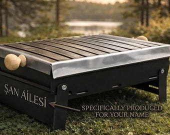 Barbecue portatile personalizzato, griglia a carbone, manico in legno, nome personalizzato, campeggio all'aperto