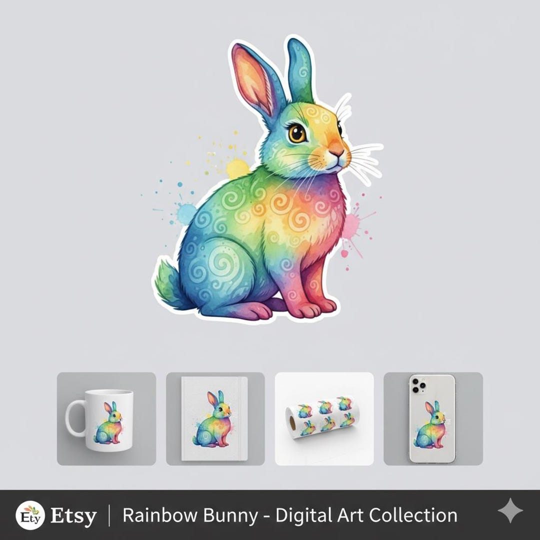 Rainbow Bunny Watercolor Clipart, Spiral Rabbit PNG (digital Download ...