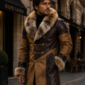 Mens Brown Leather Shearling Coat, Distressed Suede, Fur Collar Biker Overcoat.