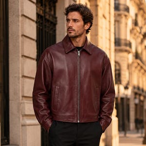 Men's Genuine Leather Biker Jacket – Burgundy Zip-Up Motorcycle Coat