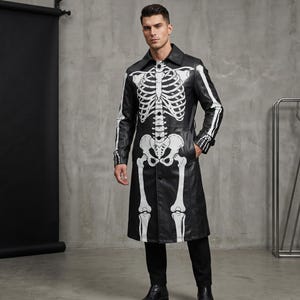 Herrtrenchcoat i skelettläder | Gotisk lång kappa | Halloween-cosplay-punkrockjacka.