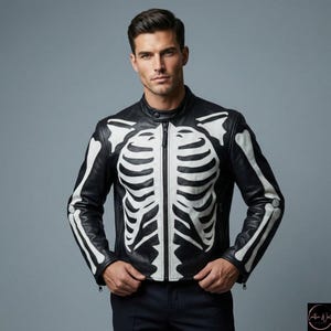 Könnte beinhalten: Schwarze Lederjacke mit weißem Skelettmuster. Die Jacke hat einen durchgehenden Frontreißverschluss, einen runden Kragen und weiße Knochenverzierungen auf Brust, Armen und Schultern. Ein einzigartiges Kleidungsstück.