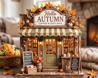 May include: A miniature coffee shop model featuring a sign that reads Hello AUTUMN COFFEE & COZY DAYS. The storefront has a green striped awning, a central door with an OPEN sign, and two menu boards listing items like Pumpkin Spice Latte.