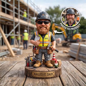 Personalized Construction Worker Dad 2D FLAT Wooden Block, Custom Photo Wood Sign, Foreman Builder Keepsake, Gift for Dad Grandpa