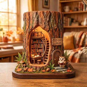 May include: A decorative tree stump sculpture featuring an illuminated interior library scene with bookshelves, a desk, and a staircase. A sign reads OLD OAK LIBRARY. An owl figurine stands by a small arched door, surrounded by moss, ferns, and leaves.