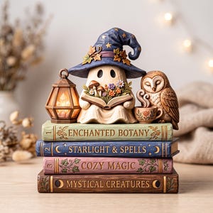 Bloc en bois plat personnalisé sorcière fantôme lecteur 2D, cadeau personnalisé pour amateur de livres, décoration d'halloween, gardienne d'étagères récolte d'automne, cadeau de Thanksgiving