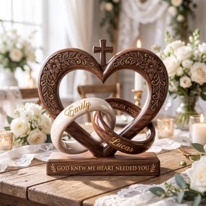 Puede incluir: Una escultura de madera en forma de corazón con una pequeña cruz en la parte superior, dos anillos entrelazados y una base rectangular. La escultura está grabada con los nombres Emily y Lucas, la fecha 06.08.2026 y el texto GOD KNEW MY HEART NEEDED YOU.