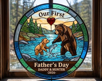 Personalized First Father's Day Fishing Bear Suncatcher, Custom Name Stained Glass Window Art, New Dad Keepsake Gift