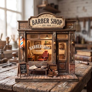 Peut inclure: Une maquette miniature en bois de salon de coiffure avec un fauteuil en cuir rouge, un poteau de barbier lumineux et une enseigne BARBER SHOP EST. 2014. L'extérieur comprend un banc en bois avec un journal, un petit tableau CLASSIC CUTS & SHAVES et une caisse en bois avec des outils.