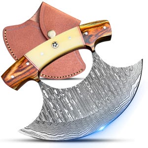 May include: A Damascus steel knife with a curved blade and a wooden handle with a cream-colored center. The knife is paired with a brown leather sheath. The blade has a unique pattern, and the handle features a decorative design.