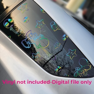 Puede incluir: Calcomanías holográficas para ventanas de coche con personajes y formas de dibujos animados, incluyendo estrellas, huevos y un personaje con caparazón. Las calcomanías son de varios colores y se aplican a una ventana de coche. El texto "Vinyl not included-Digital file only" es visible.