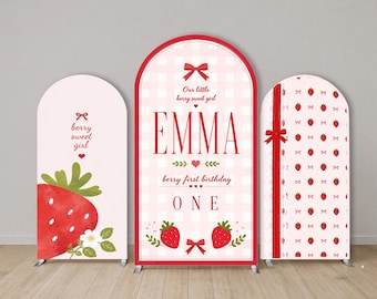 Fondo de arco de fresa para cumpleaños, decoración personalizada para fiesta de niña con temática de fresas, fondo rosa personalizado para fotomatón de primer cumpleaños.