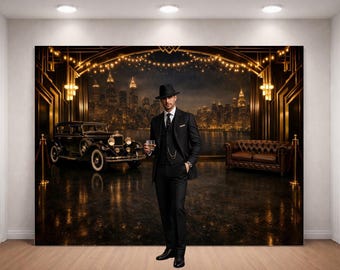Fondo para fiesta estilo Gatsby de los años 20, fondo fotográfico negro y dorado con temática de gánsteres, escena nocturna de la ciudad con coches antiguos, decoración para fotomatón de cumpleaños.