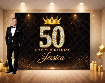 Fondo personalizado, fondo fotográfico personalizado con nombre, fondo de cumpleaños número 50/60 con corona dorada y diamantes, decoración de lujo para adultos.