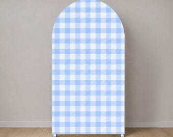 Cubierta de fondo para arco de cuadros azules, cubierta para arco de baby shower, decoración para fiesta de primer cumpleaños, fondo para cumpleaños de niño, panel de arco a cuadros azul claro