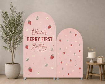 Conjunto de fondo para arco de fresa para primer cumpleaños, decoración para fiesta de primer cumpleaños de niña, fondo para fotomatón con nombre personalizado