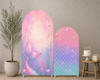Conjunto de fondo de arco de sirena, decoraciones de fiesta de cumpleaños de sirena en tonos pastel, cubierta de arco bajo el mar, panel de fondo de cola de sirena rosa, morado y azul