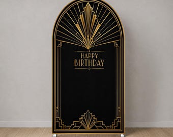 Cubierta de fondo para arco Gatsby, fondo para fiesta Art Déco en negro y dorado, decoración de cumpleaños de los locos años 20, cubierta de arco con temática del Gran Gatsby