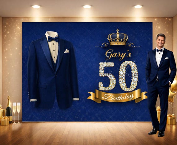 Custom 50th Birthday Backdrop for Men, Blue Gold Suit Party Background, Personalized Name Age Banner, Elegant Royal Crown Photo Booth Decor