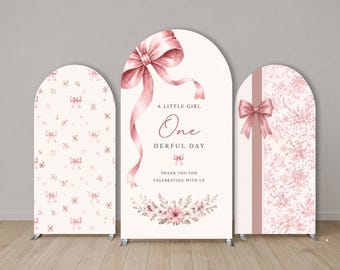 Conjunto de fondo de arco de lazo rosa personalizado para fiesta de cumpleaños de niña, cubierta de arco para baby shower Coquette, decoración de fiesta con nombre y edad personalizados