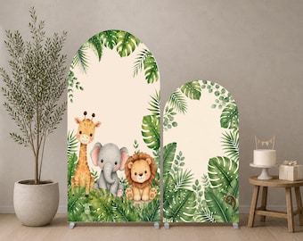 Conjunto de fondo para arco de baby shower con temática de safari, decoración para fiestas de animales de la jungla, fondo para fotomatón de cumpleaños con jirafas, elefantes y leones.