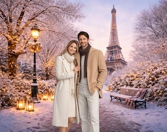 Fondo de invierno parisino con Torre Eiffel y nieve, romántico fotomatón invernal con pareja parisina, decoración navideña para fiesta con nieve.