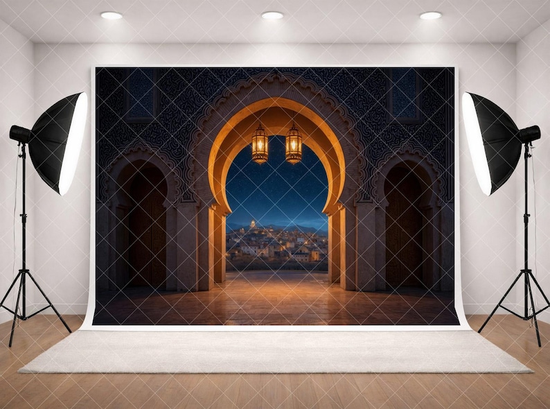 Moroccan Arch Backdrop Night City View, Arabic Palace Lantern Wedding ...