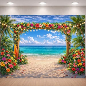 Op de afbeelding: Een levendige strandachtergrond met een houten boog versierd met kleurrijke bloemen en lichtslingers. Palmbomen omlijsten het uitzicht op de turquoise oceaan en het zandstrand. Een surfboard leunt tegen de boog.