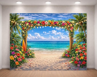 Fondo de playa hawaiana, fondo para fiesta luau tropical, fondo fotográfico de palmeras en el océano de verano, pancarta de decoración para fiesta Aloha