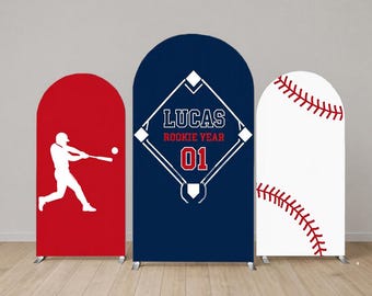Juego de 3 fondos para arco de béisbol para el año de novato, cubierta de arco personalizada para el cumpleaños de Little Slugger, decoración personalizada para fiestas deportivas con nombre y número.
