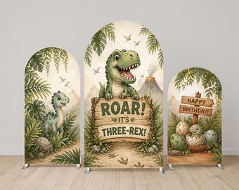 Conjunto de fondo de arco de dinosaurios, fondo para fiesta de cumpleaños de tres T-Rex, decoración para fiesta infantil de dinosaurios, conjunto de cubierta de arco para baby shower, personalización disponible