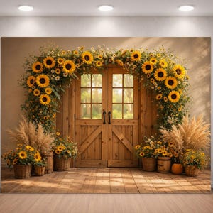 Könnte beinhalten: Eine rustikale Holztür wird von einem lebendigen Bogen aus Sonnenblumen und Grün umrahmt. Körbe mit Sonnenblumen und Ziergräsern stehen darunter. Die Szene erzeugt eine warme, einladende und natürliche Ästhetik, ideal für Fotohintergründe oder Heimdekoration.
