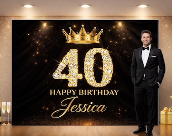 Fondo personalizado para fotos con nombre, corona dorada con diamantes y número para cumpleaños 40, 50 y 60, decoración de lujo para adultos.