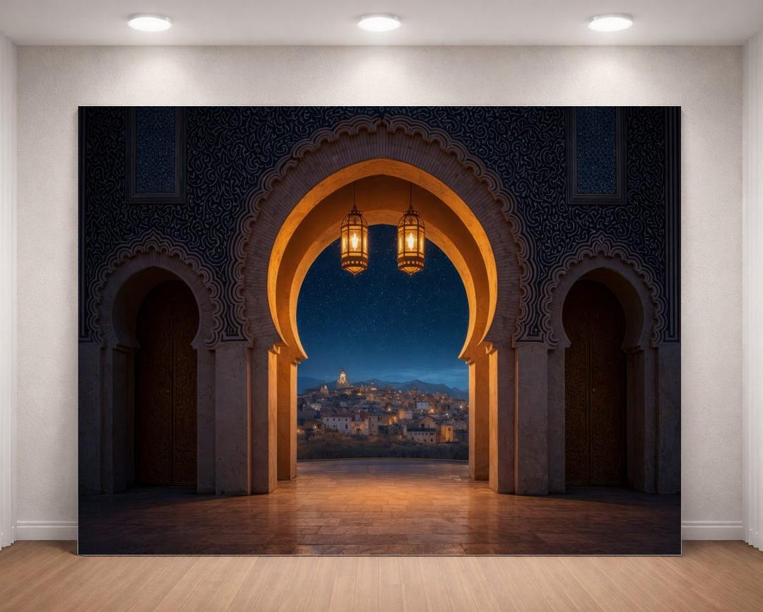 Moroccan Arch Backdrop Night City View, Arabic Palace Lantern Wedding ...