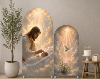 Juego de 2 fondos para arco de bautismo con la inscripción "Jesús te bendiga", cubierta para arco de bautizo de bebé, decoración para fiesta de Primera Comunión, fondo para bautismo cristiano.