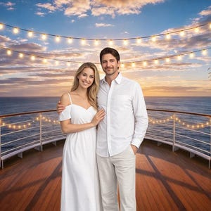 Pode incluir: Um casal posa no convés de um cruzeiro ao pôr do sol, com o mar ao fundo. A mulher usa um vestido branco, e o homem uma camisa branca e calças claras. Luzes de corda e pequenas mesas decoram o convés.