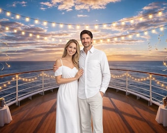 Fondo de crucero al atardecer, fiesta en la cubierta del océano, fondo de fotomatón náutico, fondo de puesta de sol con luces de cadena, decoración de cumpleaños de crucero de verano