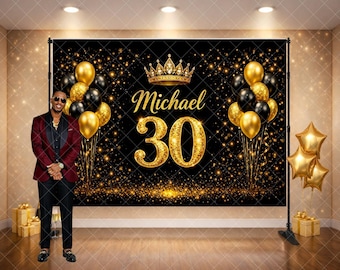 Fondo personalizado para 30 cumpleaños de hombre, pancarta de fiesta de cumpleaños en negro y dorado, fotomatón personalizado con nombre y edad.